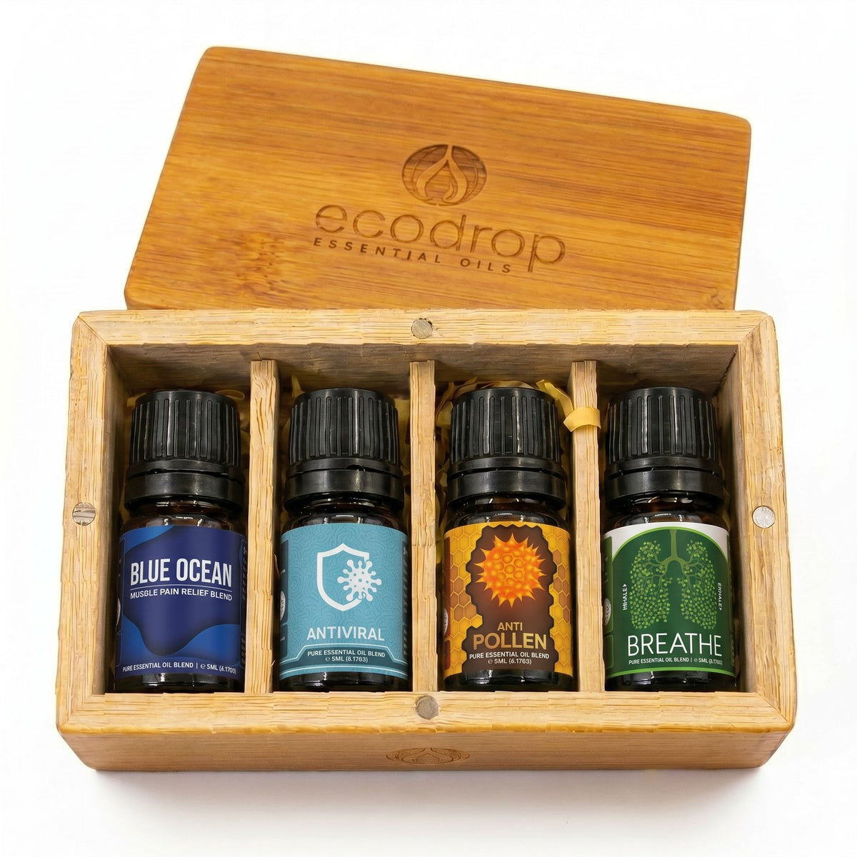Wellness blend essential oil set, four 5ml blend bottles in an open bamboo gift box on white