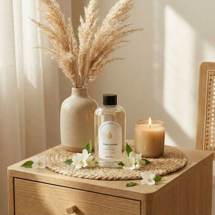 White Jasmine diffuser refill styled on a bedside table