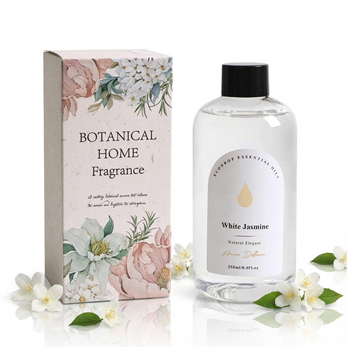 White Jasmine reed diffuser refill bottle with botanical box on white