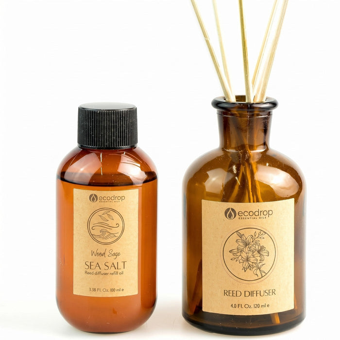 Wood Sage & Sea Salt reed diffuser set - assembled amber glass diffuser with reeds plus 100ml refill bottle