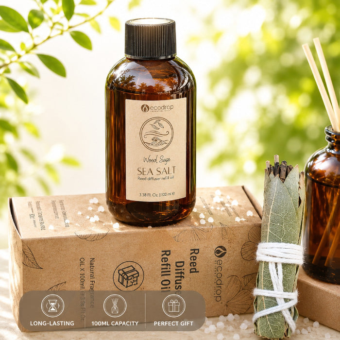 Wood Sage & Sea Salt reed diffuser refill features - long-lasting, 100ml capacity, perfect gift