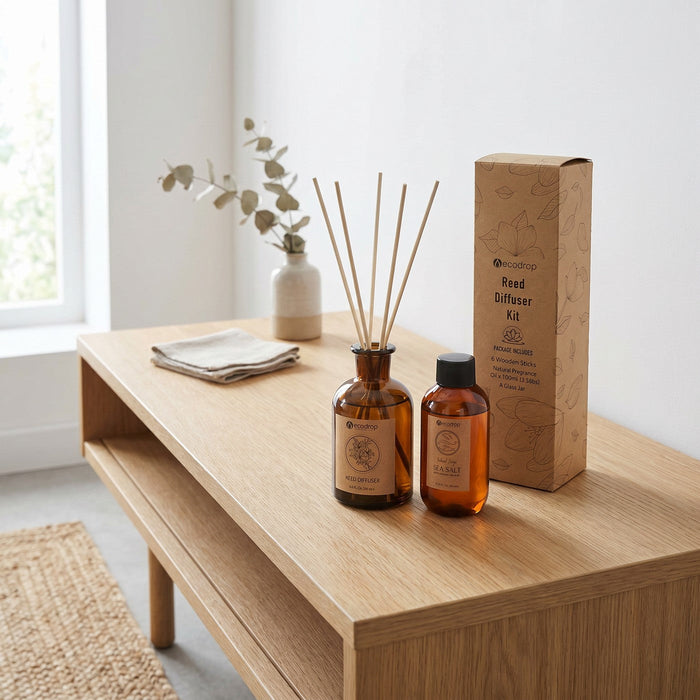 Wood Sage & Sea Salt reed diffuser kit contents - 6 wooden sticks, 100ml fragrance oil, glass jar