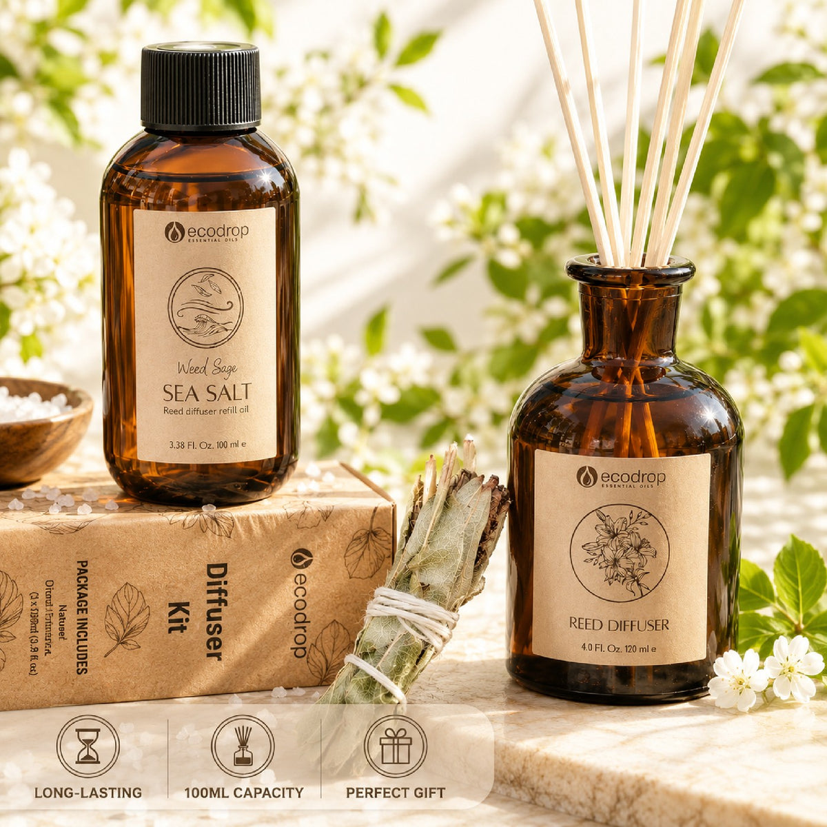 Wood Sage & Sea Salt reed diffuser kit feature - long-lasting, 100ml capacity, perfect gift